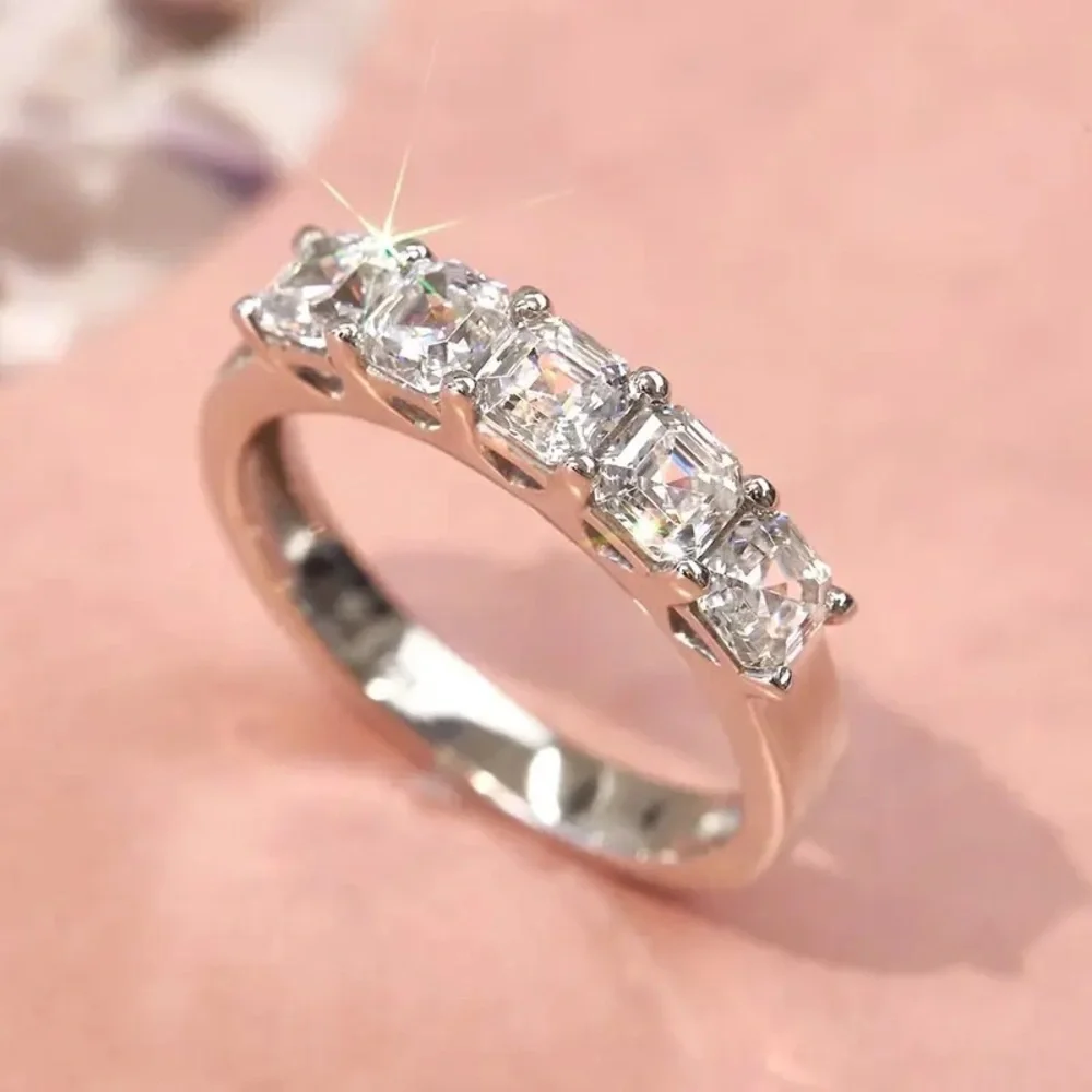 VVS1 Asscher Cut Lab Dia Prong Half Eternity 925 Silver Wedding Band Ring